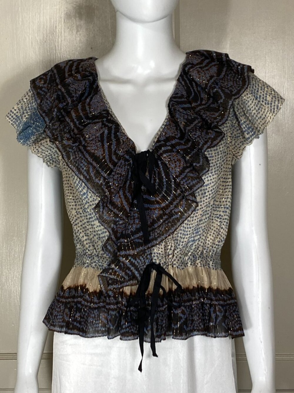 ULLA JOHNSON Kaede Top V-Neck Peplum Metallic Ruffle Blouse Blue Ikat 2 ($395)